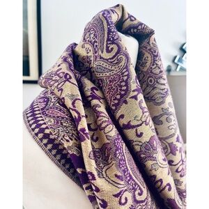 Purple and Gold Paisley Pashmina Silk Scarf with Metallic Gold Weave- 69" x 27"